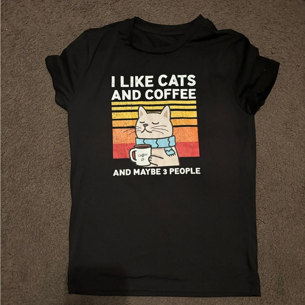 Black Cat and Coffee Graphic T-Shirt